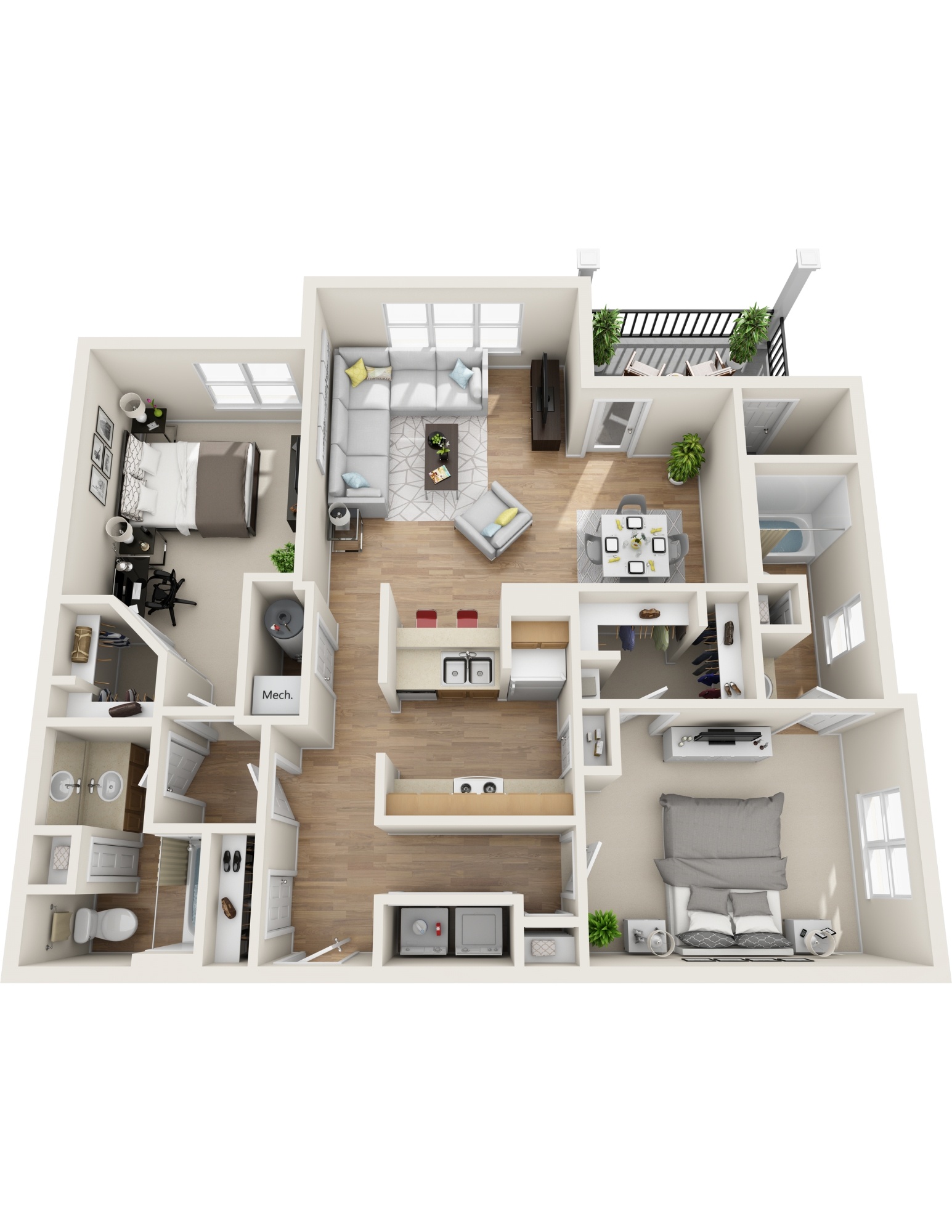 Floor plan for 2 beds, 2 baths, 1223 sqft